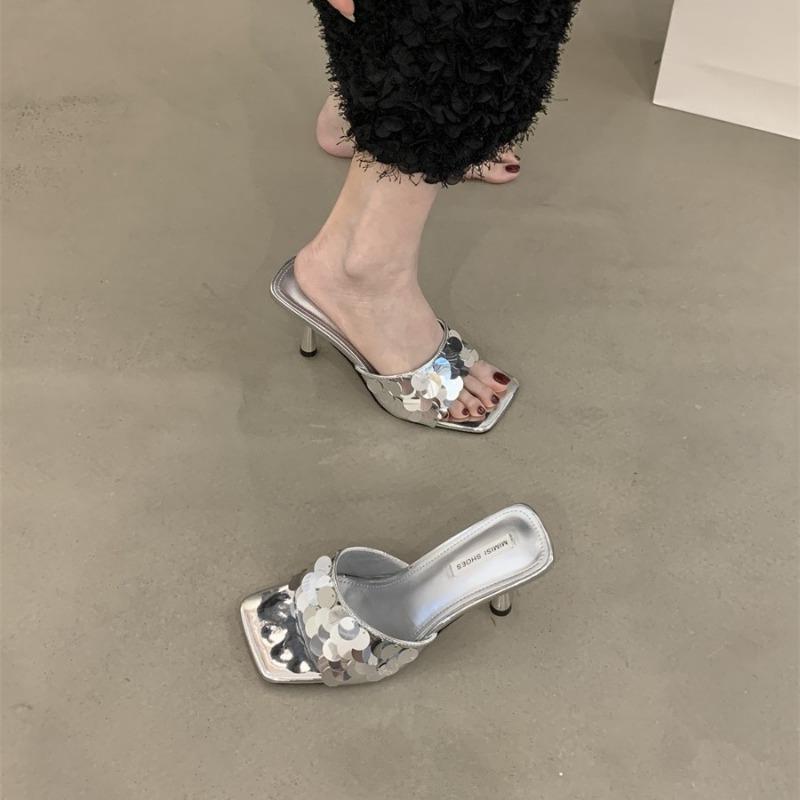 Summer new niche high-end cool slippers outer wear thin heel sequined high-heeled sandals women's shoes