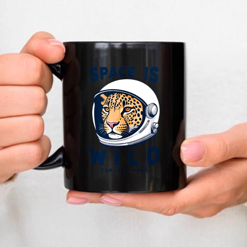 Ceramic mug, black space wild leopard print astronaut design, suitable for coffee, tea and daily use чёрный