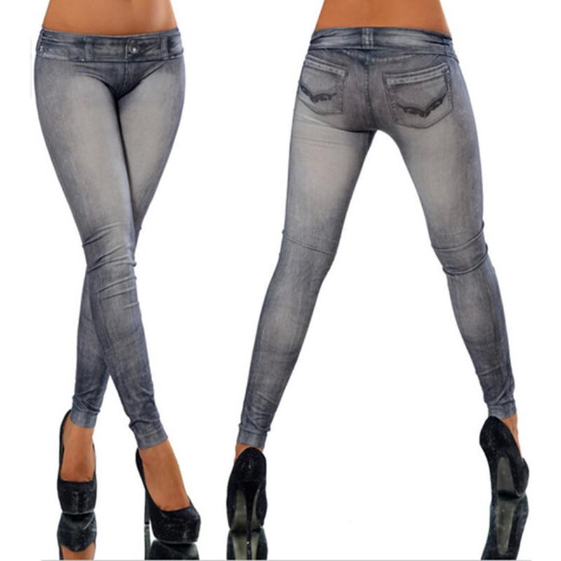 

Women s Slimming Seamless Stretch Faux Denim Leggings in Distressed White - Spring/Autumn Skinny Nine-Point Pants One Size чёрный