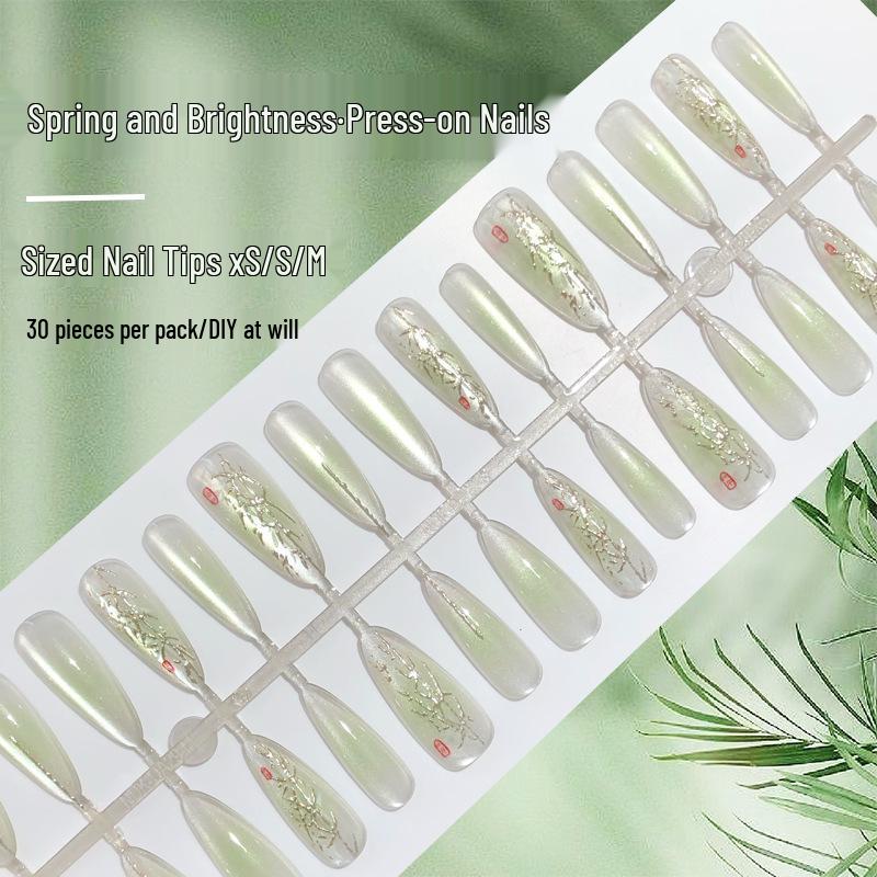 

Gilded Bamboo Emerald Cat Eye Nail Tips - 30 Pieces