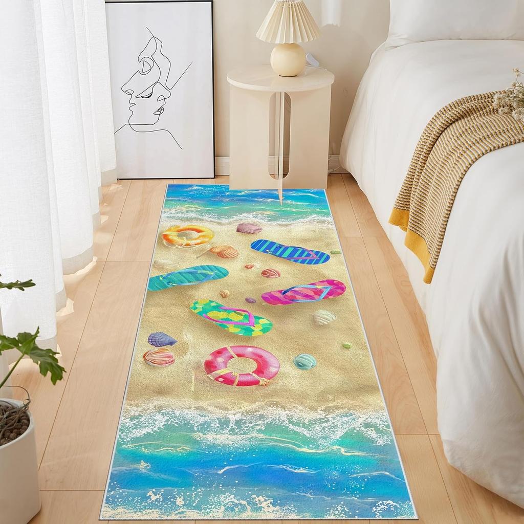 Cartoon Beach Scene Illustration Runner Rug Vacation Lifebuoy Shell Starfish Print Carpet Non-Slip Hallway Living Room Floormat