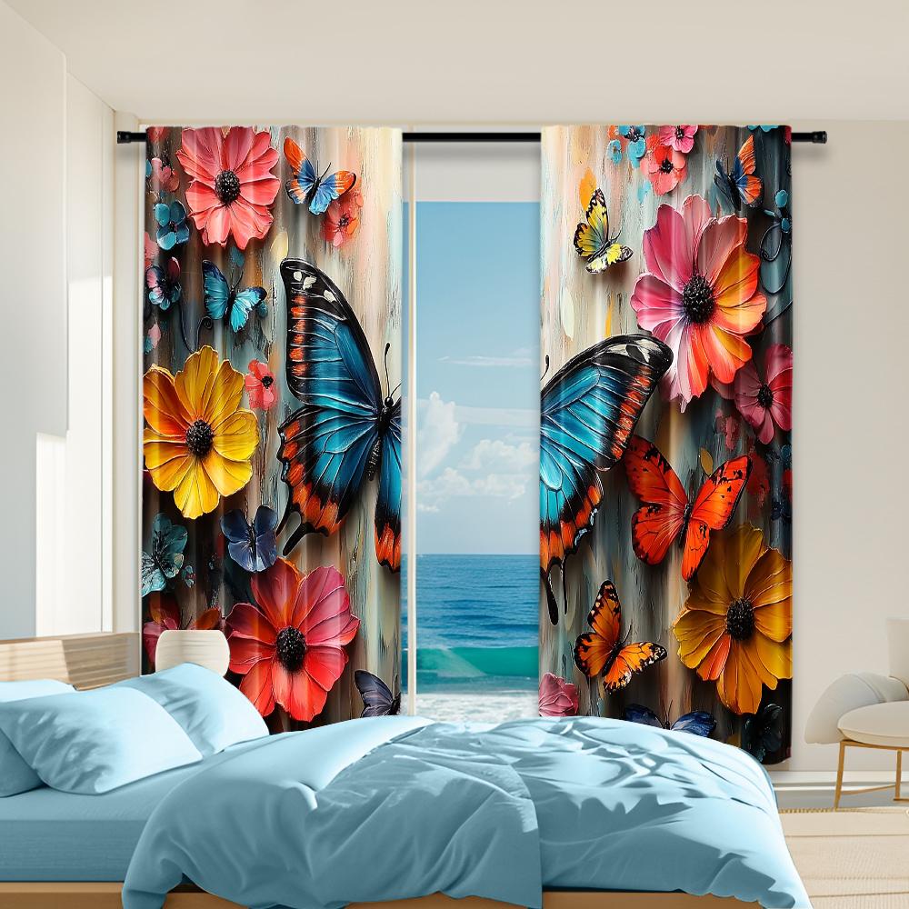 

Set Of 2 Versatile Polyester Transparent Curtains Home Decoration Colorful Butterfly Blooming Flowers Use Bedrooms Curtain Perfect For Bedroom Decor W100*H70(CM)-Hooks&1PCS