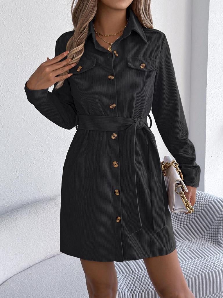 Women's Casual Solid Color Corduroy Shirt Dress with Belt - Long-Sleeve, Single-Breasted