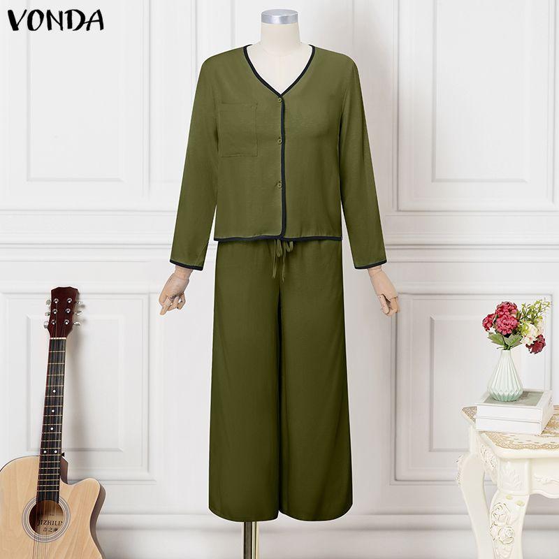 VONDA 2PCS Women Casual Long Sleeve Blouse and Pants Stitching Two Piece Suit Sets