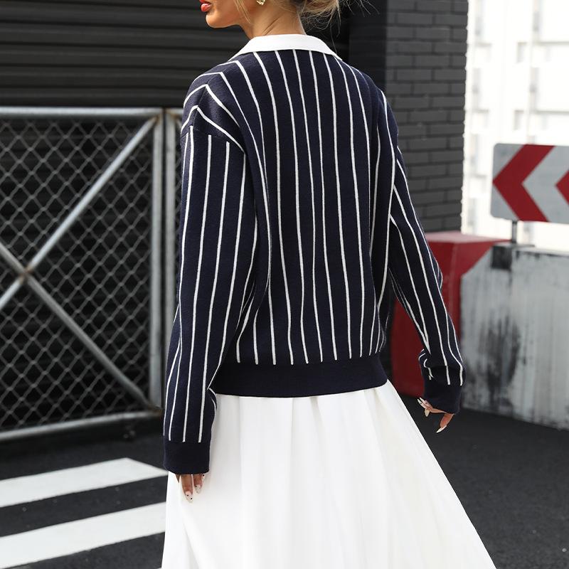 A New Autumn College Casual Street Fashion Lapel Striped Women's Sweater