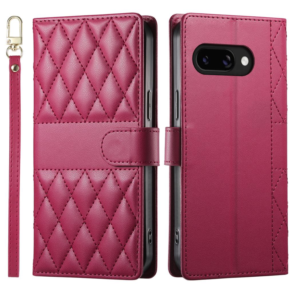 For Google Pixel 9a Case Rhombus Stitching Wallet Stand Leather Phone Cover with Long/Short Strap