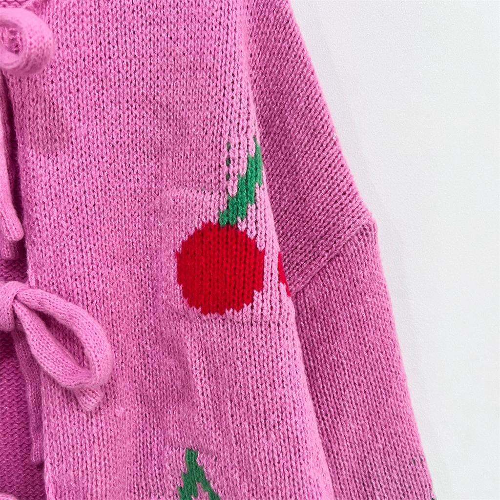 Kirschbestickter Jacquard-Cardigan Damen Niedlicher Stil Riemen Strickjacke Mantel 3616