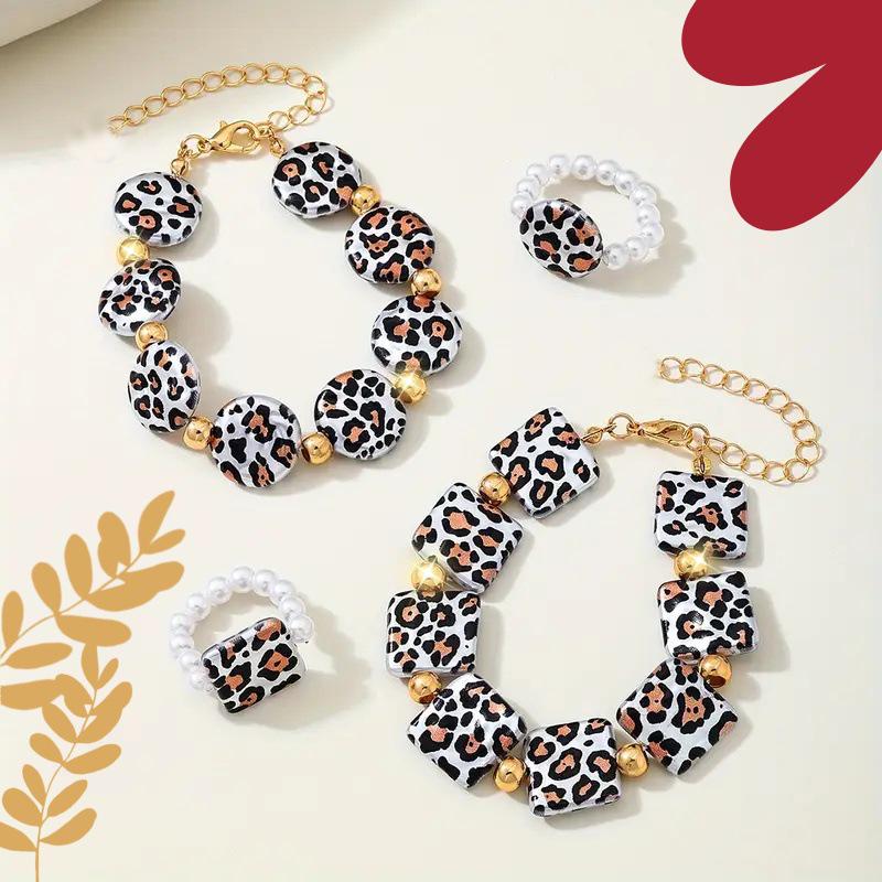 Boho Geometric Leopard Bracelet & Faux Pearl Ring Set