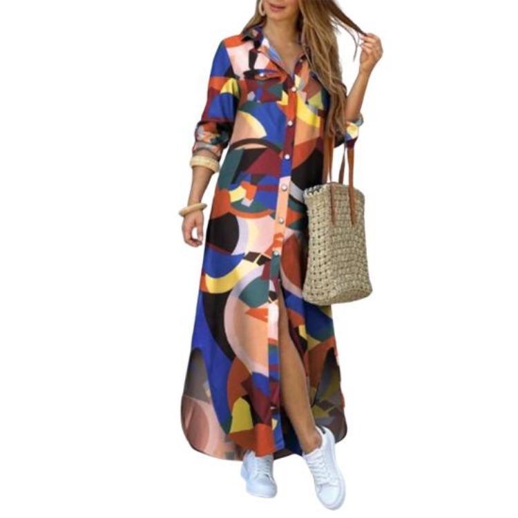 Floral Print Long Sleeve Maxi Dress V Neck Button Down Shirt Dress for Women S