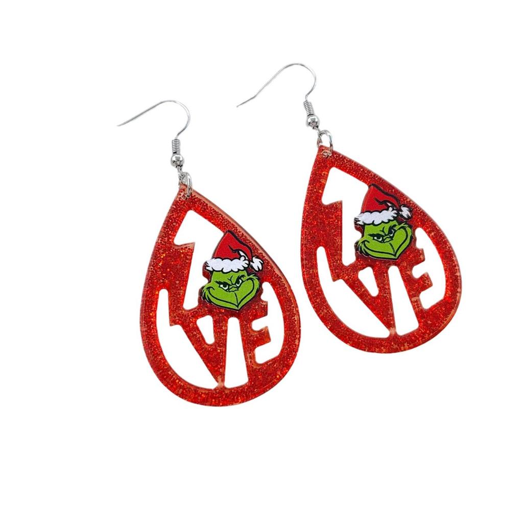 Grinch Green Monster Acrylic Earrings with Love Heart Accents