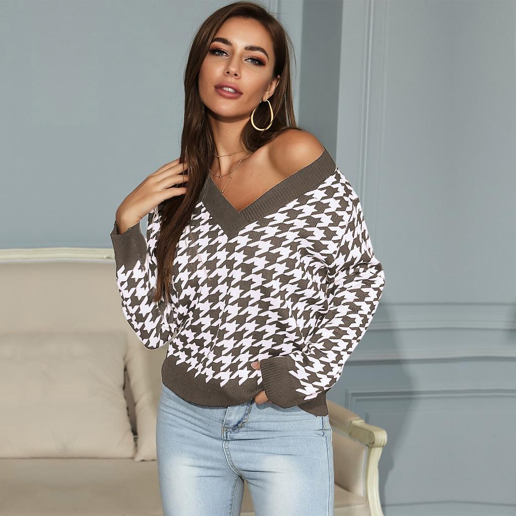 Vintage Fashion Elegant Casual Long-sleeved Kilim Jacquard Jacquard V-neck Bottoming Knit Sweater Women Fall