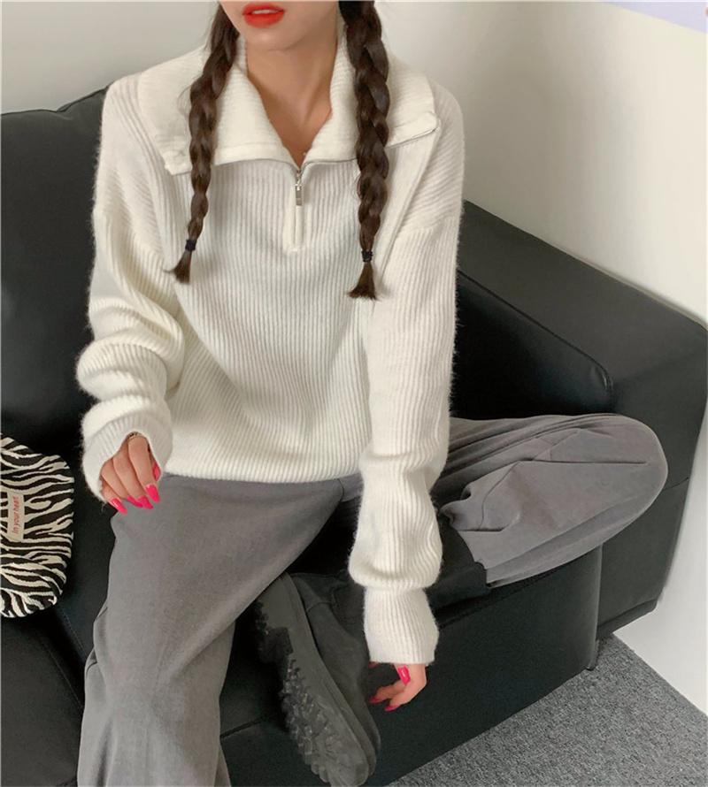 

Hirsionsan, осень-зима 2021, новые вязаные повседневные свитера на молнии, женские однотонные пуловеры с воротником-стойкой и длинными рукавами one size белый