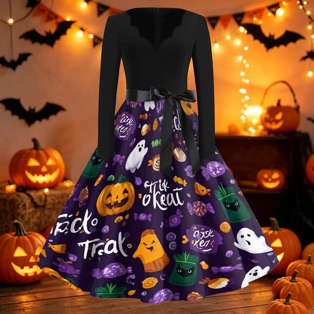 Women's Casual Halloween Print V Neck Retro Dress Long Sleeve Fit and Flare Midi Dress with Waist Tie Vintage Style