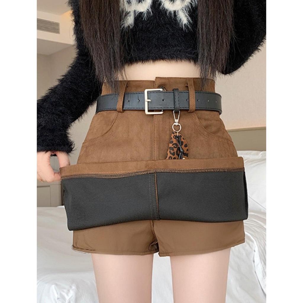 High-Waist Brown Suede Plush Pencil Skirt for Plus-Size Women - Versatile A-Line, Slimming, Short Skirt for Spring & Autumn