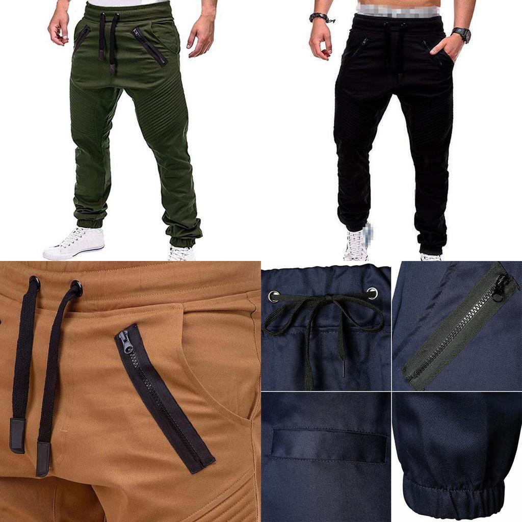 Men's Slim Fit Cuffed Trousers With Adjustable Waist And Multiple Pockets