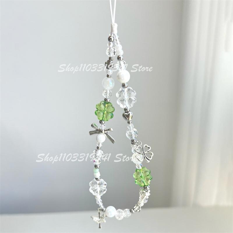 

Korean Cute Green Clear Lucky Clover Beaded Keychain Phone Charm Chain Strap Pendant For Phone Accessories Bag Hanging Cord Gift