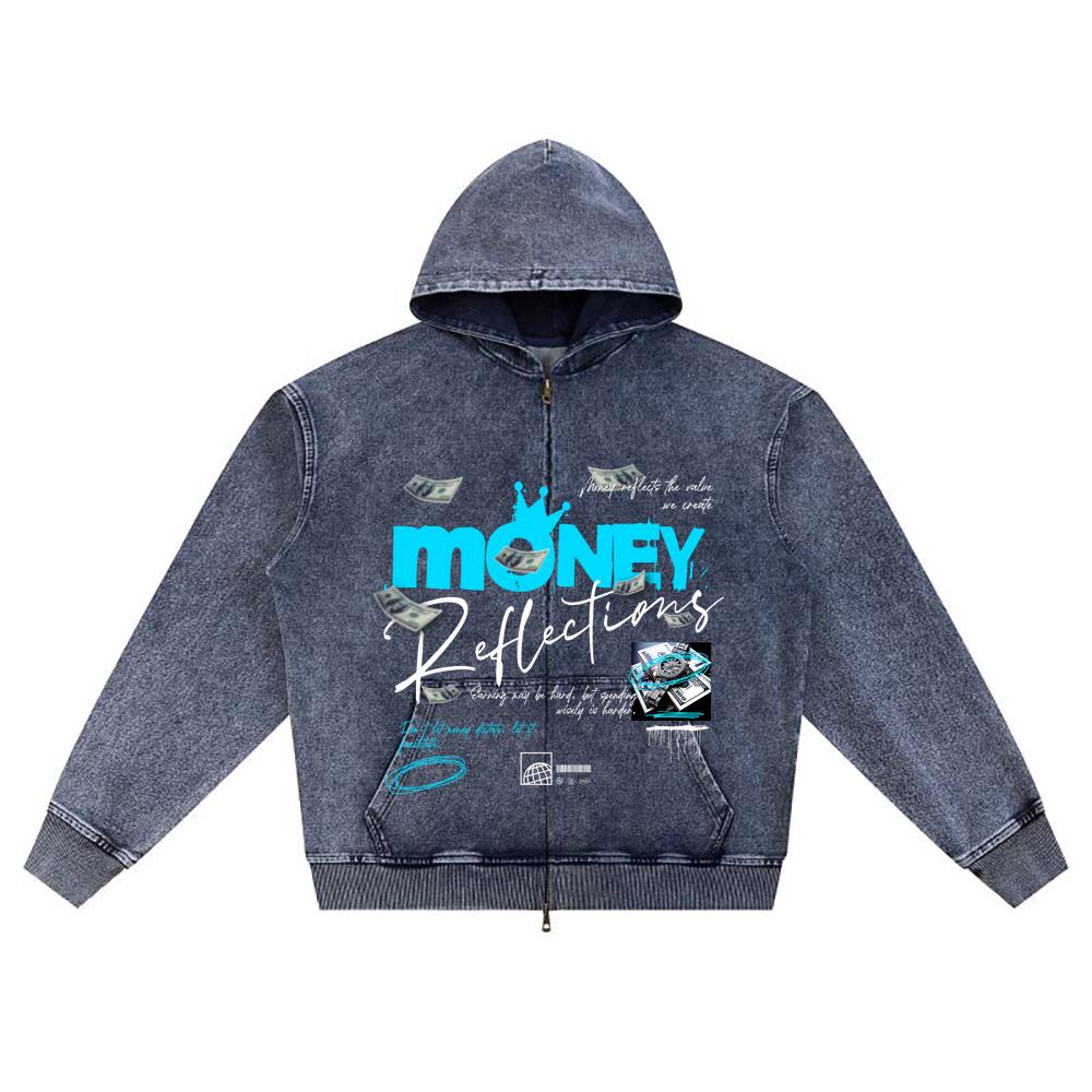 

DTG print Knitted Denim Zip-Up Hoodie Money Reflections Brother Print Zipper Hoodies XL