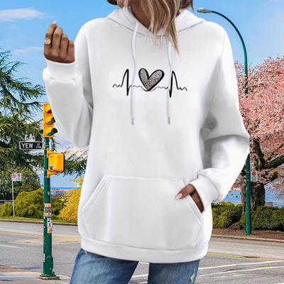 Womens Electrocardiogram Love Print Loose Hoodie Tops Blouse Sweatshirt Casual Long Sleeve Pullover Tops
