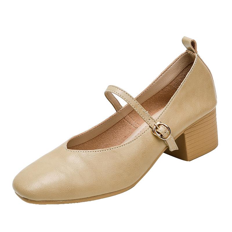 Kožené babičkovské boty na silném podpatku s páskem Mary Jane, francouzská čtvercová špička, dámské boty na středním podpatku, nové jarní a podzimní univerzální dámské boty