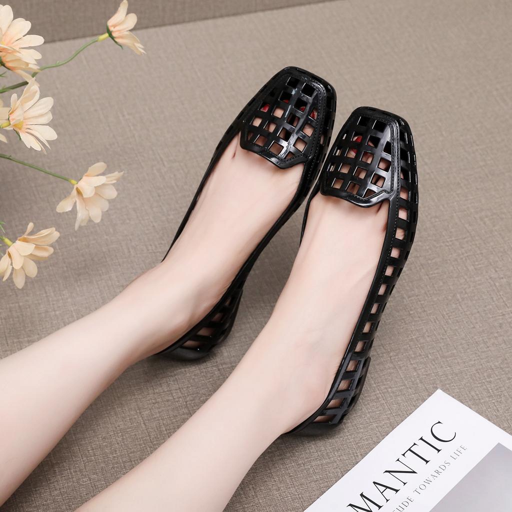 Square Head Flat Bottom Sandals Women's Summer Outer Wear Hollow Bag Bag Heel Jelly Shoes Beautiful Small Heel Shallow Mouth Fashion Shoes