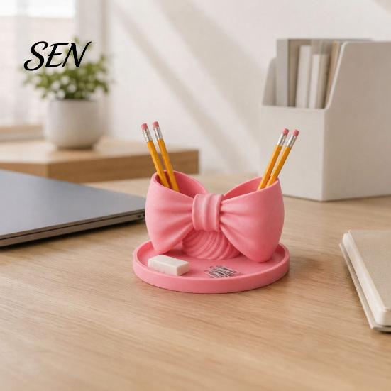 Cute Bow Pen Holder 3D Printed Shape Holder, Desktop Organizer, Double Compartment Storage Box Desk Decor for Bathroom Vanity, Decorative Stationery
