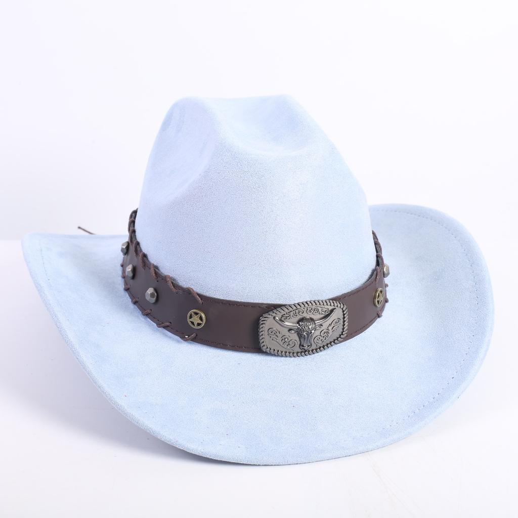 New western cowboy hat men's and women's wide-brimmed top hat bull head rivet belt buckle sun hat