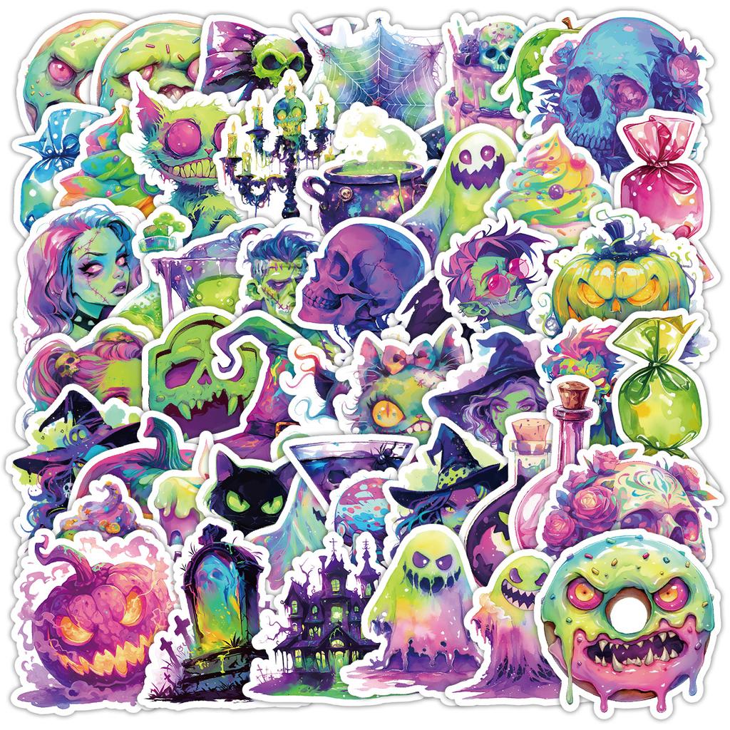 50 Neon Halloween Graffiti Stickers for Water Cups, Luggage, Waterproof Decorative Stickers, Creative Stationery Stickers