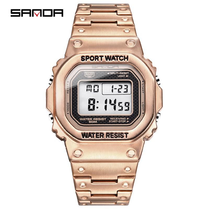 Sanda Unisex Square Multifunctional Waterproof Electronic Watch with Fashionable Steel Band