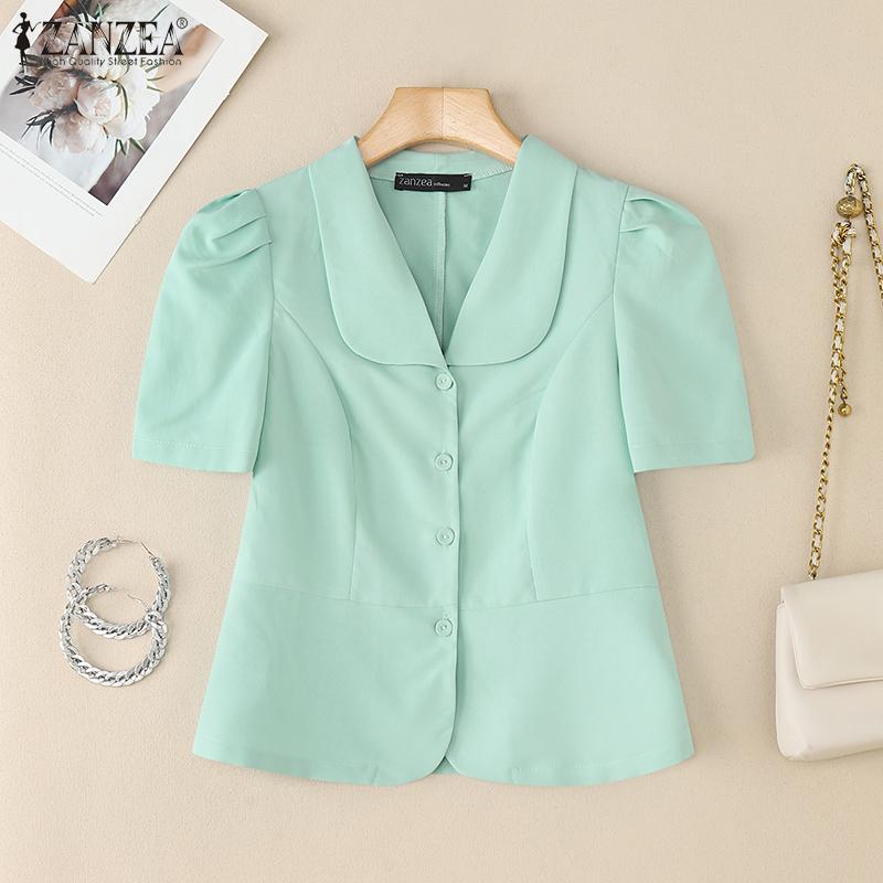ZANZEA Women Classic Collar Summer Casual Short Sleeve Blouse