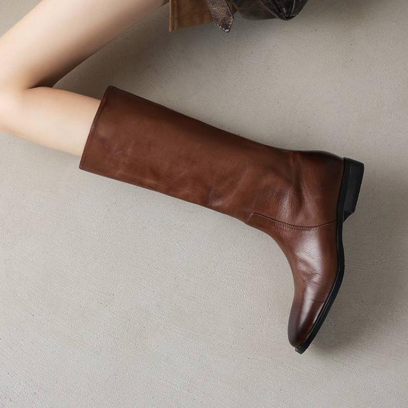 Autumn and winter women's leather knight boots middle heel square heel large size cowhide women's boots sleeve new versatile high boots women