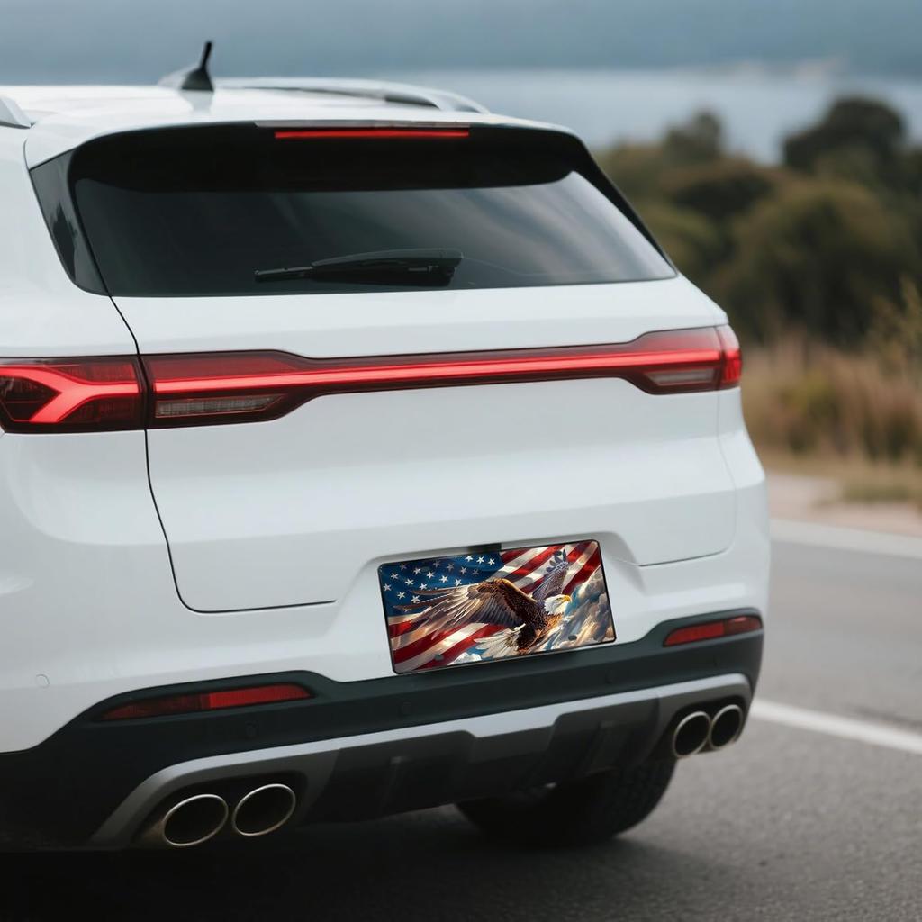 Front License Plate Cover - License Plate With American Flag & Eagle, Aluminum Decorative License Plates, Patriotic Novelty Vanity Tag, Car Decor