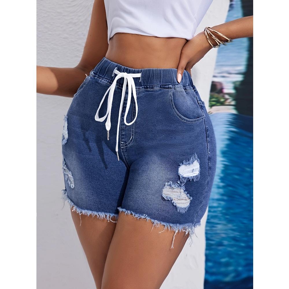 

Женские джинсовые шорты с завязками на талии, эластичные рваные джинсы с высокой талией, короткие брюки с кисточками XL синий