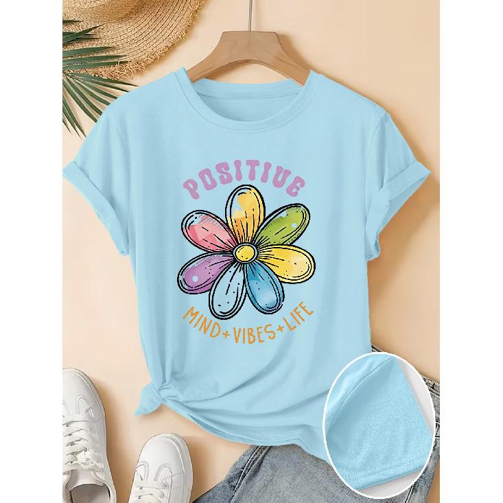 Women's Elegant Short-Sleeve Gift with Rainbow Daisy Positive Energy Quote Print Pattern and Vintage Round Neck T Fresh and Natural Style