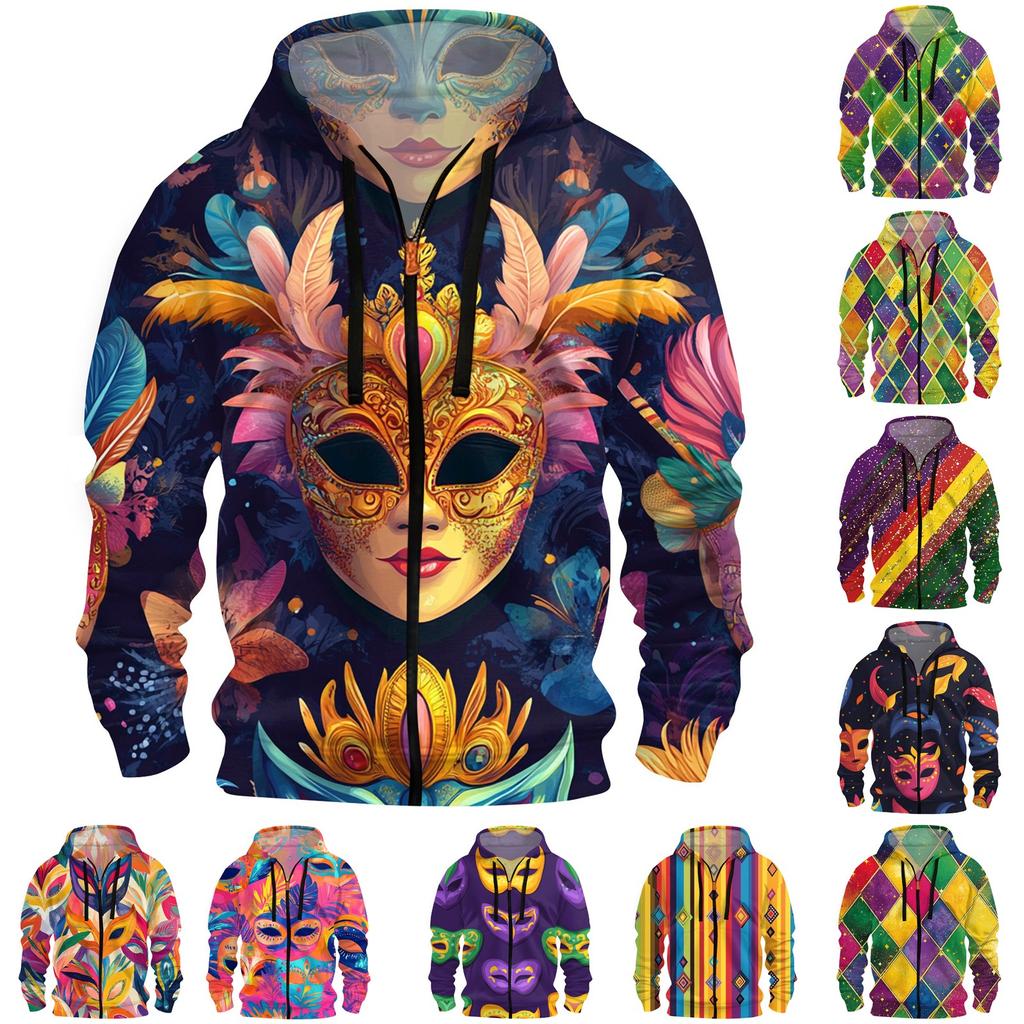 Men's Sports Casual Fleece Hoodie Carnival Print Hoodie Cardigan Zipper Multi-pocket Hoodie Coat