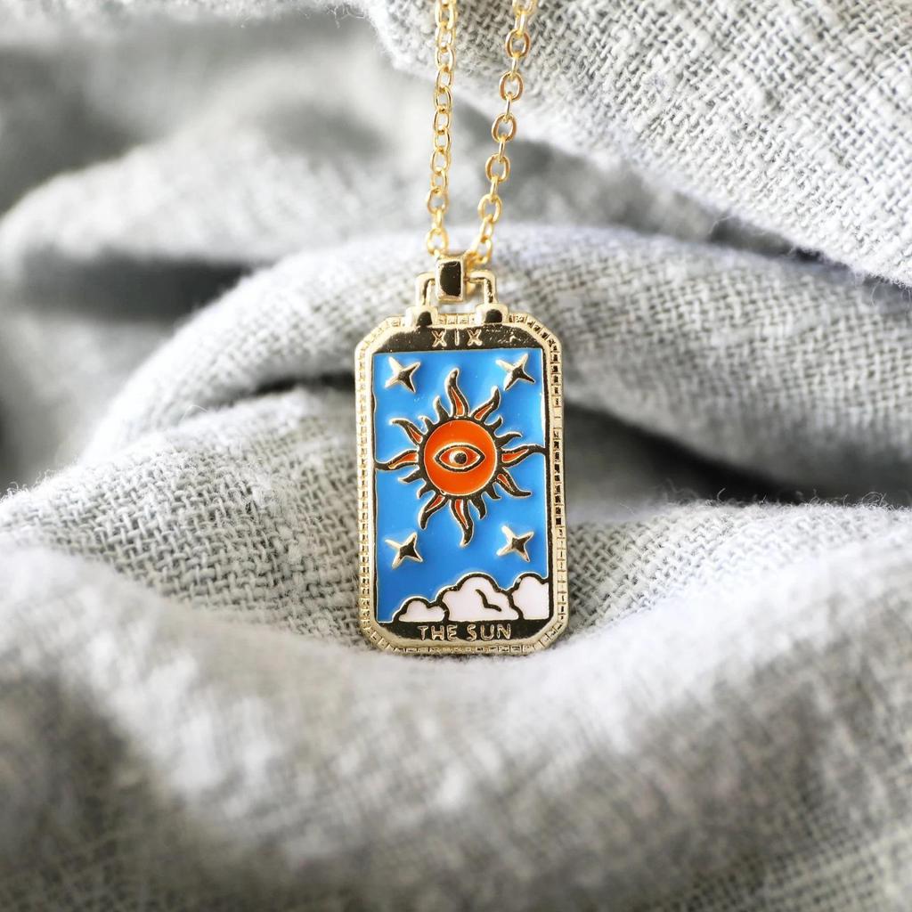 Colorful Enamel Tarot Card Necklace with Square Pendant On Copper Clavicle Chain