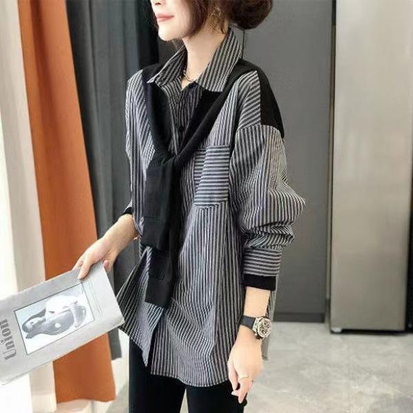 Women's Black and Gray Striped Top Shirt Fashionable and Versatile Style Design