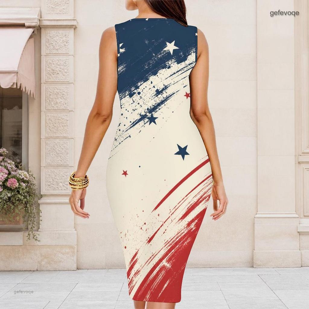 Women Plus Size Round Neck Sleeveless Eagle Star Stripe Printed Bodycon Midi Dress