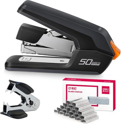 Deli Lightweight TPR Top 1500 Staples and Staple Stapler, 80% Labor-Saving, 3-Year Manufacturer's Warranty, 50-Sheet Capacity, Lever, Non-Slip