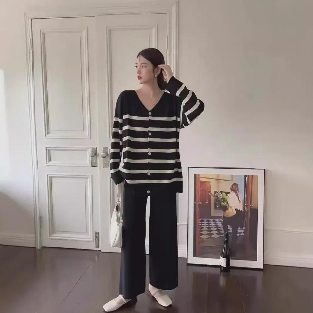 2024 Autumn/Winter Striped Low-Neck Single-Breasted Long-Sleeve Knitted Sweater & High-Waist Wide-Leg Pants Set