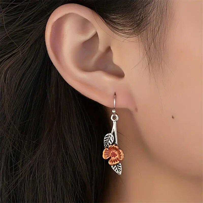 Two-Tone Silver & Copper Flower Leaf Drop Earrings Handmade Nature Inspired Floral Dangle Earrings Women Vintage Bohemian Jewelry