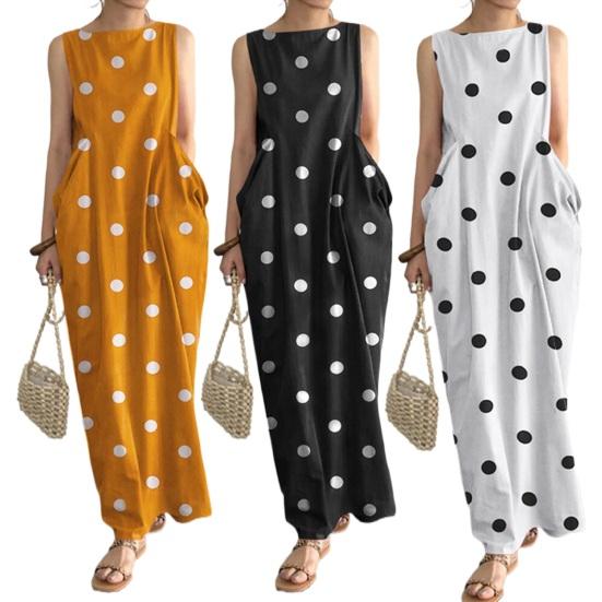 Abito estivo da donna con stampa a punti, colori abbinati, senza maniche, scollo a O, tasche grandi larghe, taglie forti, morbido abito lungo da spiaggia casual alla caviglia