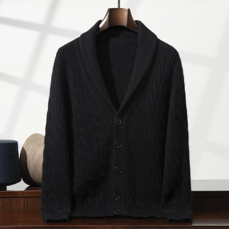Men's Soft Cashmere Cardigan: Skin-Friendly, Thick Cable Knit, Shawl Collar Sweater.