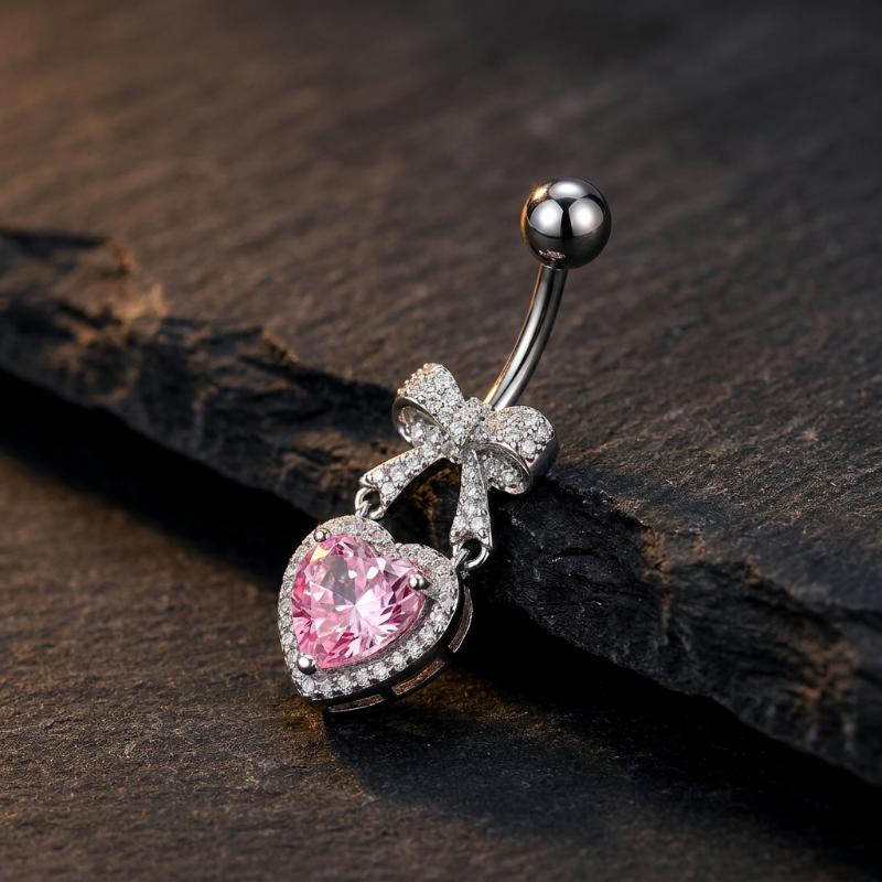 Stainless Steel Hypoallergenic Navel Belly Button Rings Cute CZ Heart Bow Decor Body Jewelry for Summer Beach Wear