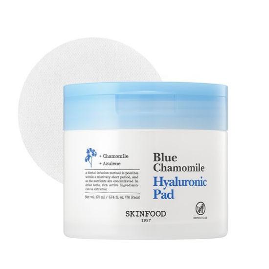 SKINFOOD Blue Chamomile Hyaluronic Toner Pads – 70pcs | Soothing & Hydrating Dual Cotton Pads for Sensitive Skin