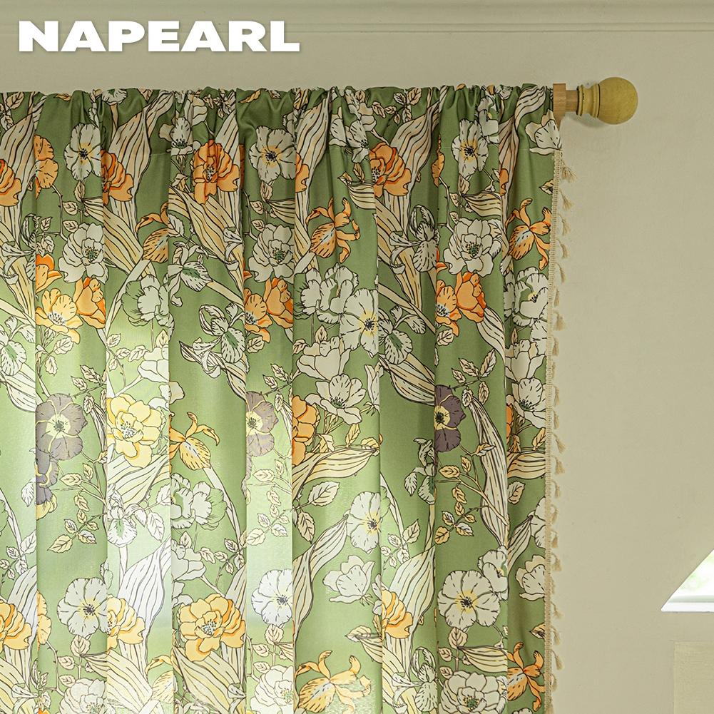 1PC NAPEARL French Retro Floral Printed Curtains Pastoral Style Tassel Edge Semi Blackout Curtains for Bedroom Living Room Window Home Decor