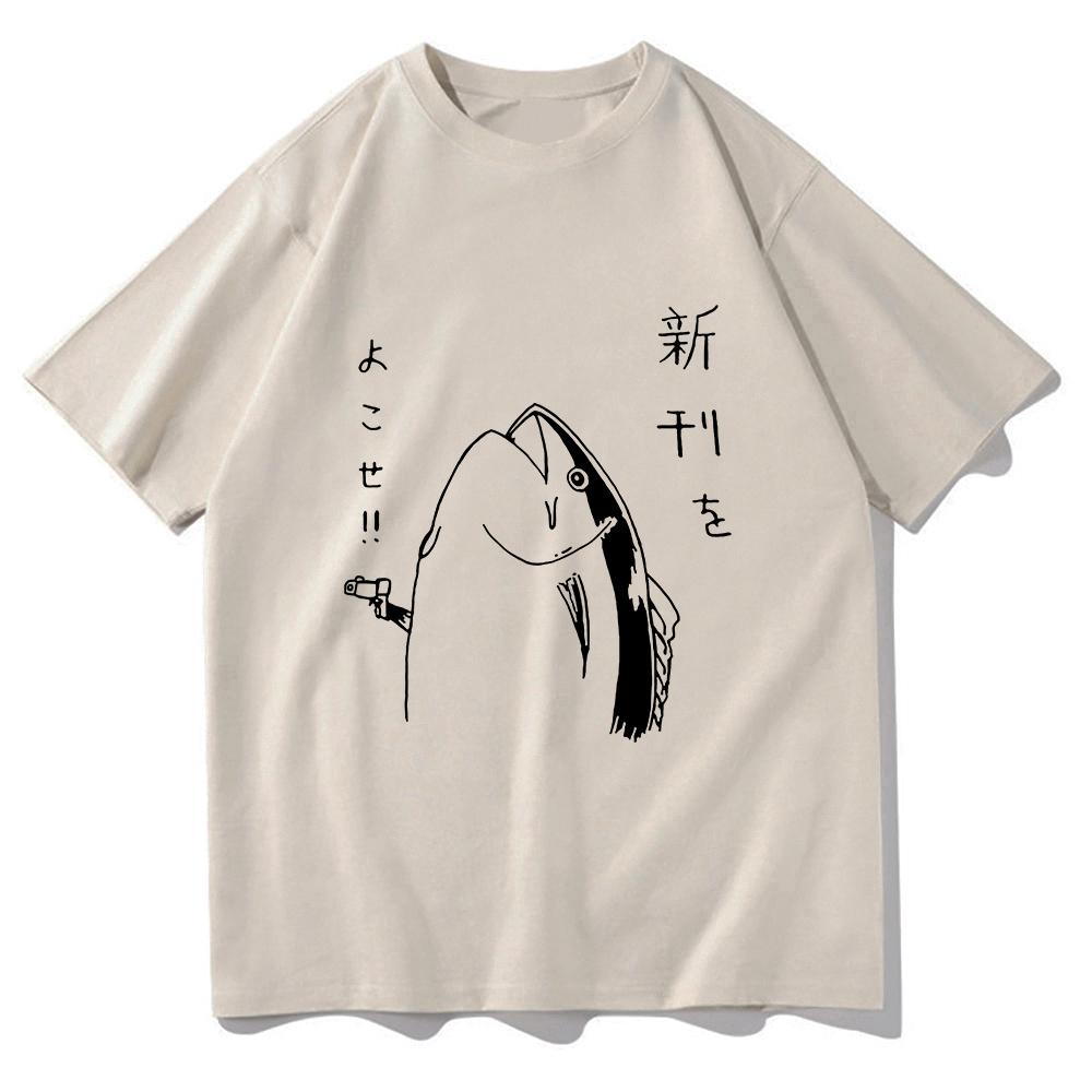 Harajuku Style Lovely Autumn All-purpose Top Fun Japanese Fish and Gun Design T-shirt Couples Unisex Cotton Design T-shirt