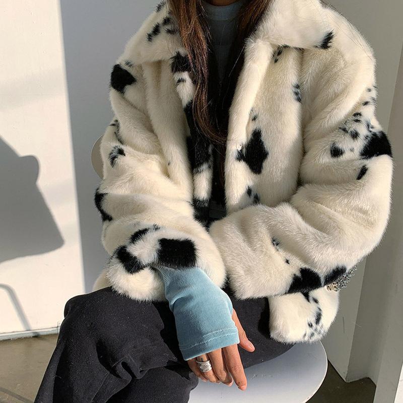 Winter cotton imitation fur coat for women, black and white cow pattern loose casual imitation mink plush coat for women