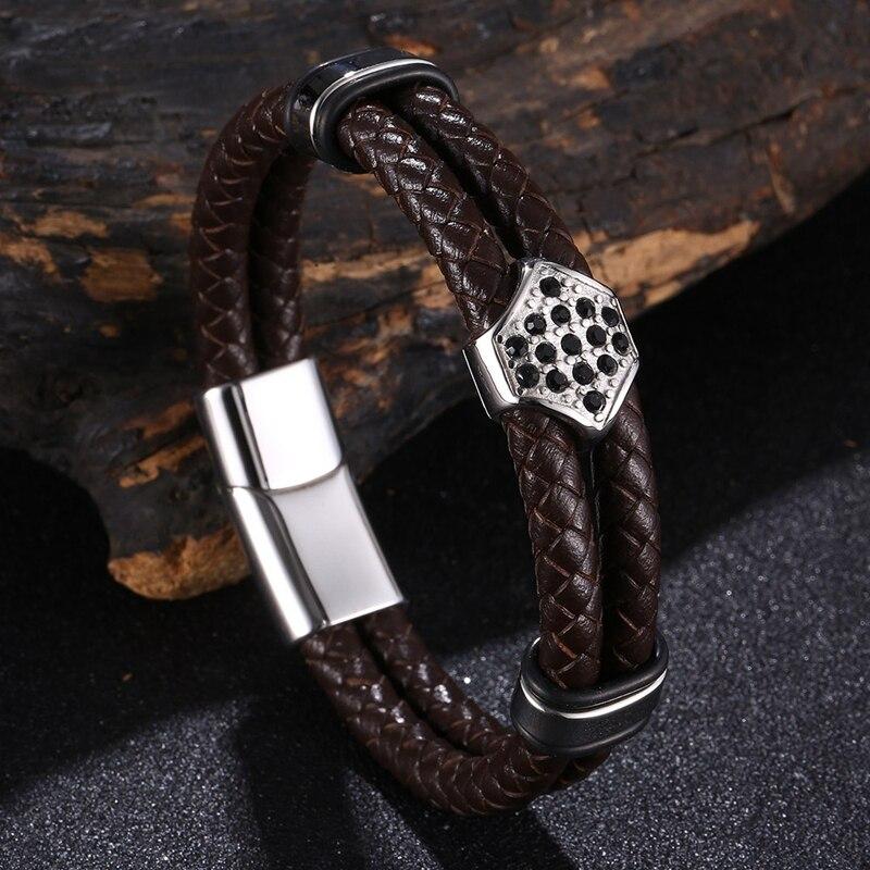 Fashion Style Men Hand-Woven Leather Bracelet Black Metal Buckle Men's Wristband Gift