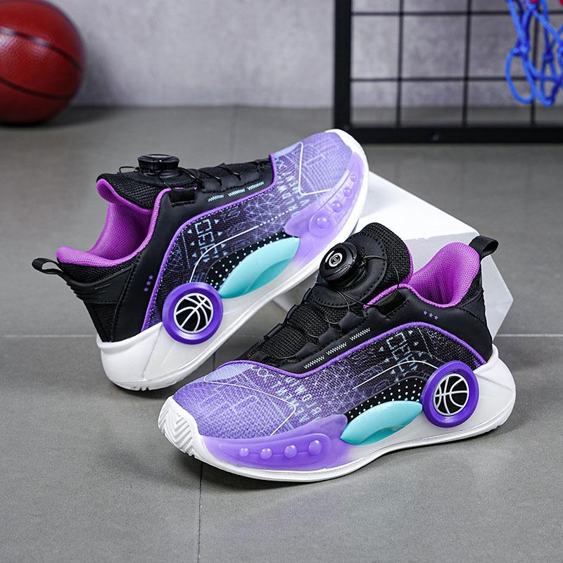 Children's basketball shoes 2025 summer new breathable boys' actual combat sneakers medium and older children's rotating buckle sneakers