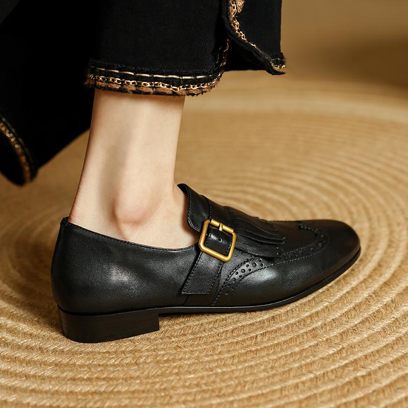 Modne Damskie Mokasyny ze Skóry Naturalnej z Frędzlami Wsuwane Płaskie Buty Loafersy Rekreacyjne Miękkie Wygodne Codzienne Buty Damskie